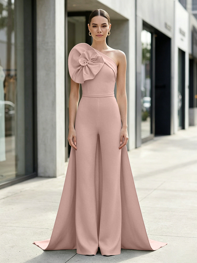 Satin Jumpsuit One Shoulder Long Evening Dresses with 3D Flowers