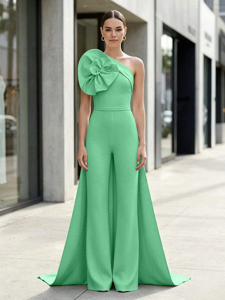 Satin Jumpsuit One Shoulder Long Evening Dresses with 3D Flowers