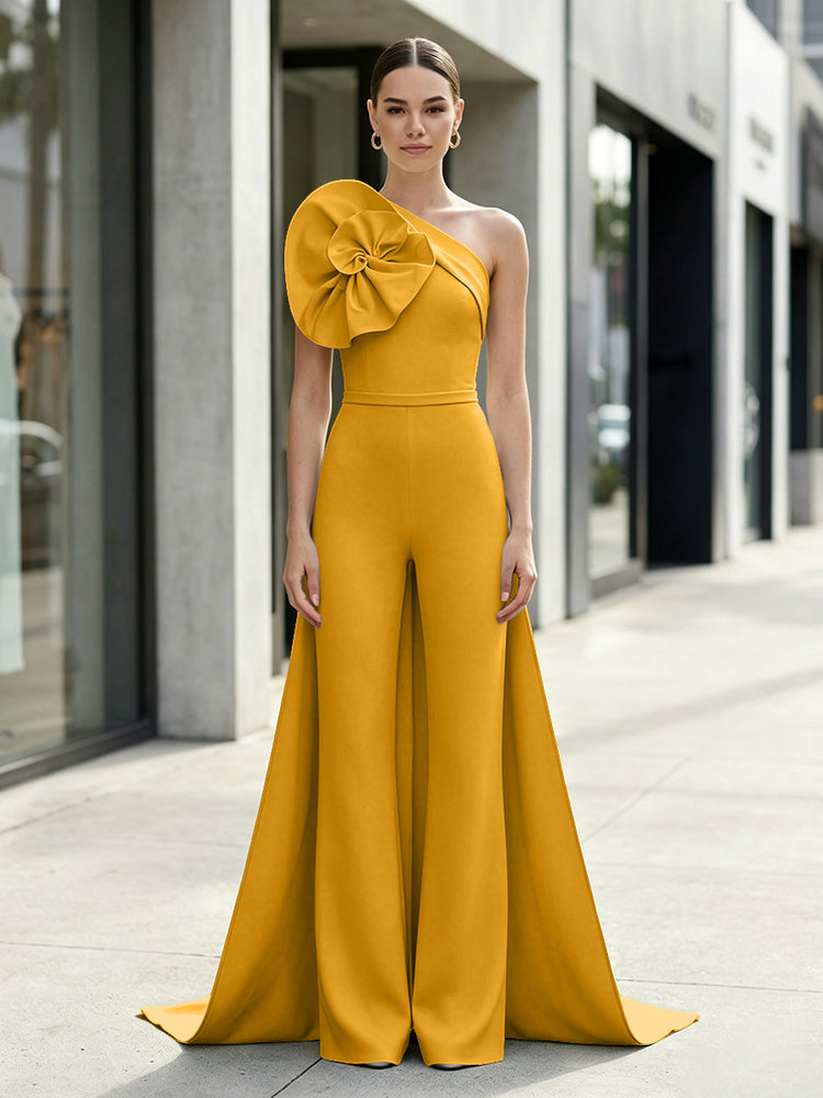 Satin Jumpsuit One Shoulder Long Evening Dresses with 3D Flowers