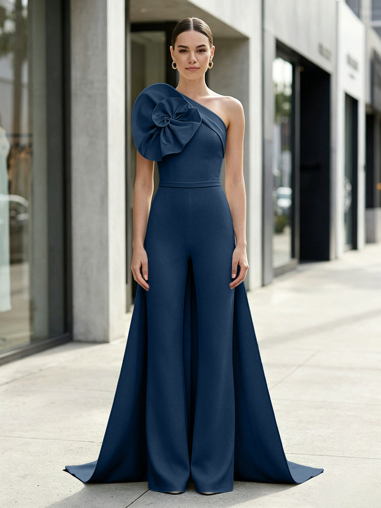 Satin Jumpsuit One Shoulder Long Evening Dresses with 3D Flowers