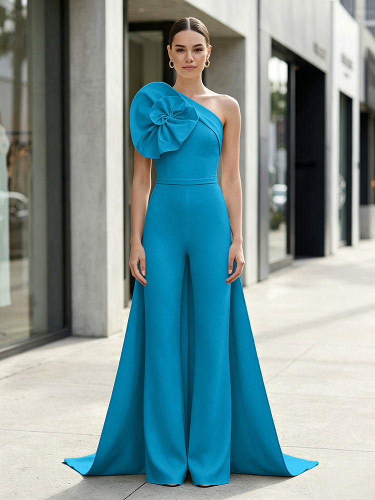 Satin Jumpsuit One Shoulder Long Evening Dresses with 3D Flowers