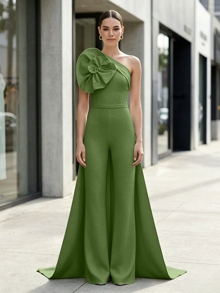 Satin Jumpsuit One Shoulder Long Evening Dresses with 3D Flowers