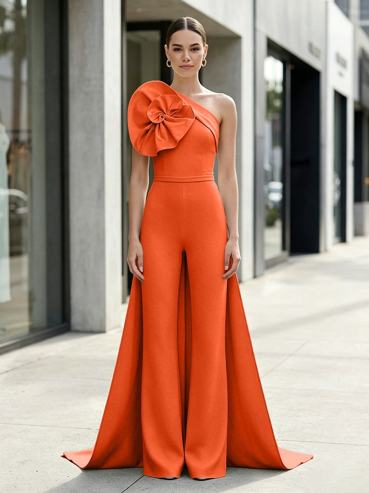 Satin Jumpsuit One Shoulder Long Evening Dresses with 3D Flowers