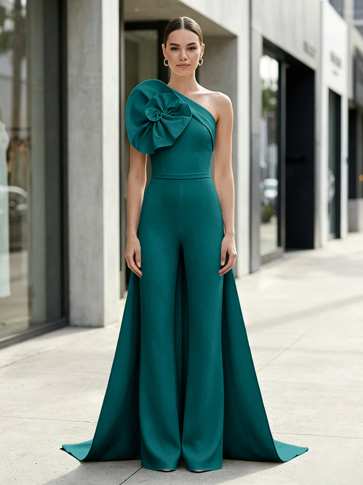 Satin Jumpsuit One Shoulder Long Evening Dresses with 3D Flowers