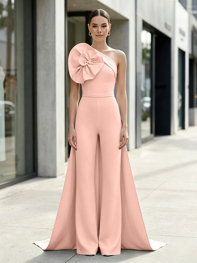 Satin Jumpsuit One Shoulder Long Evening Dresses with 3D Flowers