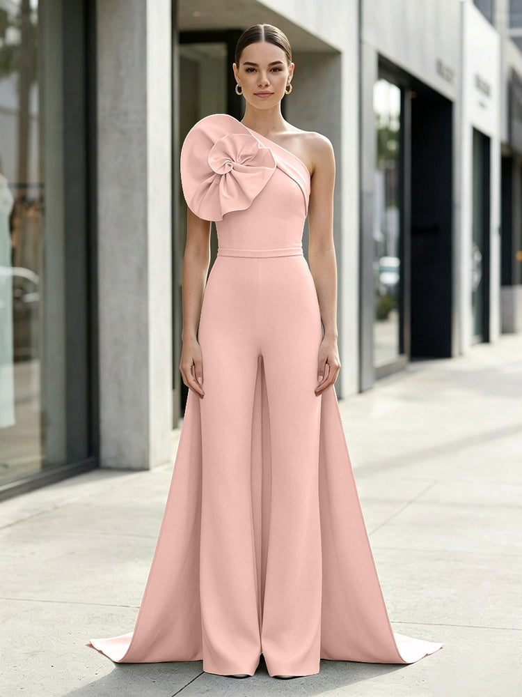 Satin Jumpsuit One Shoulder Long Evening Dresses with 3D Flowers