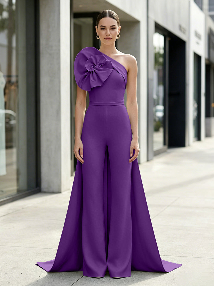 Satin Jumpsuit One Shoulder Long Evening Dresses with 3D Flowers