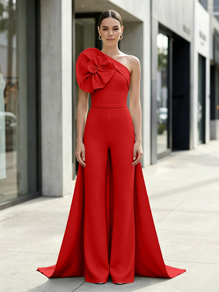 Satin Jumpsuit One Shoulder Long Evening Dresses with 3D Flowers