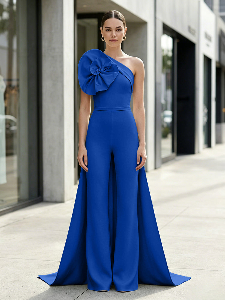Satin Jumpsuit One Shoulder Long Evening Dresses with 3D Flowers