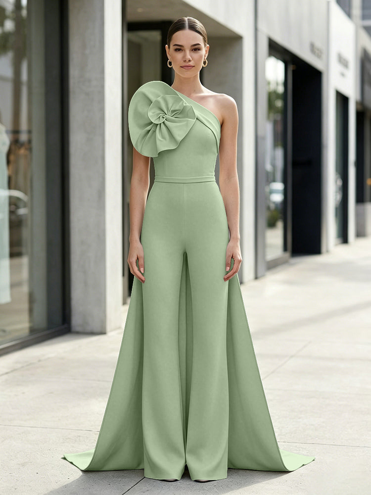 Satin Jumpsuit One Shoulder Long Evening Dresses with 3D Flowers