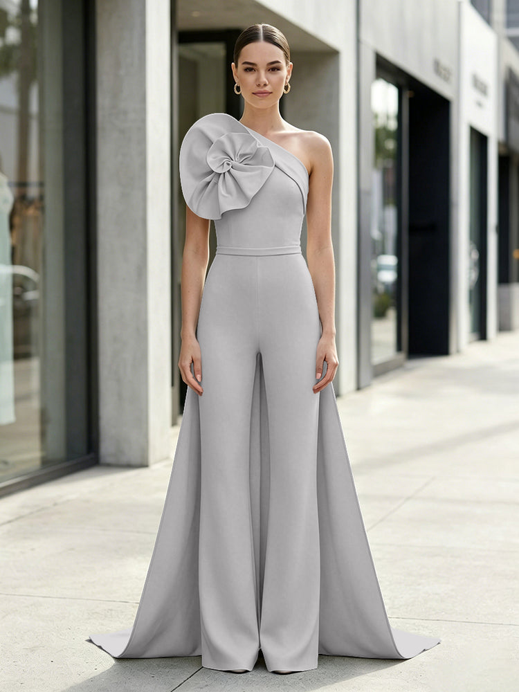 Satin Jumpsuit One Shoulder Long Evening Dresses with 3D Flowers