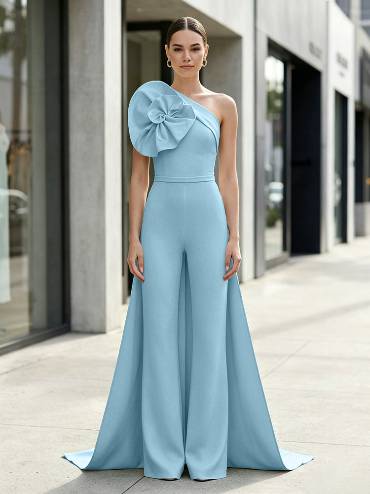 Satin Jumpsuit One Shoulder Long Evening Dresses with 3D Flowers