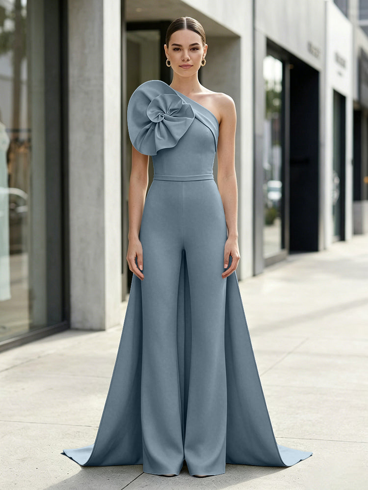 Satin Jumpsuit One Shoulder Long Evening Dresses with 3D Flowers