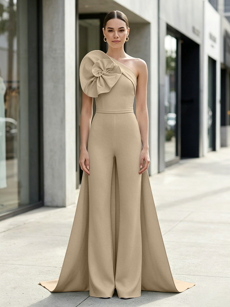 Satin Jumpsuit One Shoulder Long Evening Dresses with 3D Flowers