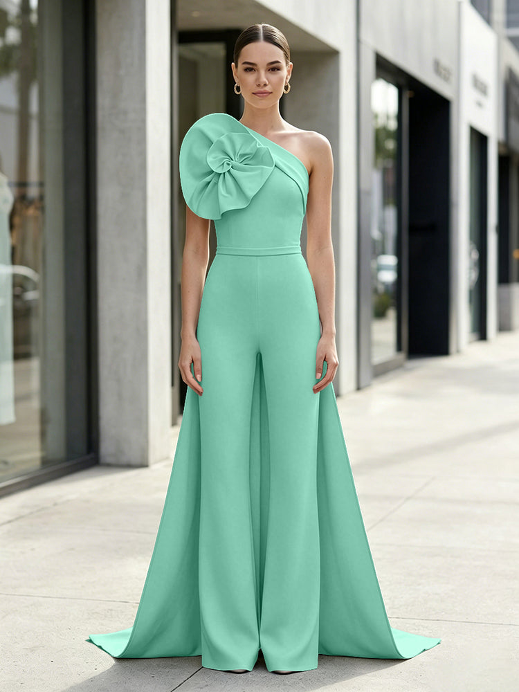 Satin Jumpsuit One Shoulder Long Evening Dresses with 3D Flowers