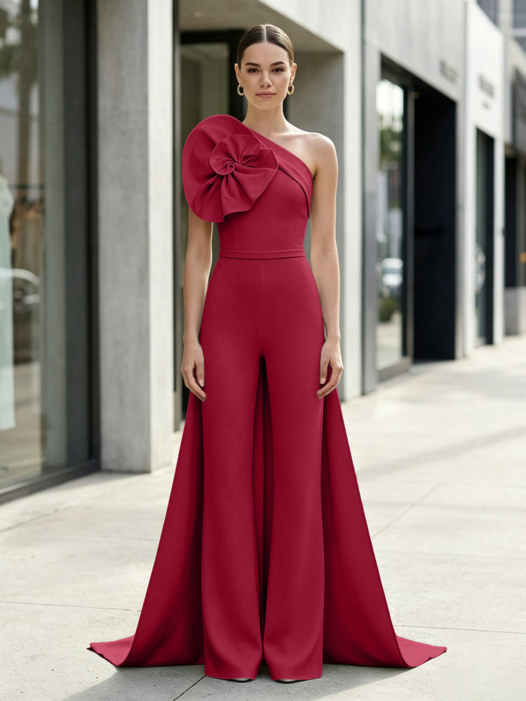 Satin Jumpsuit One Shoulder Long Evening Dresses with 3D Flowers