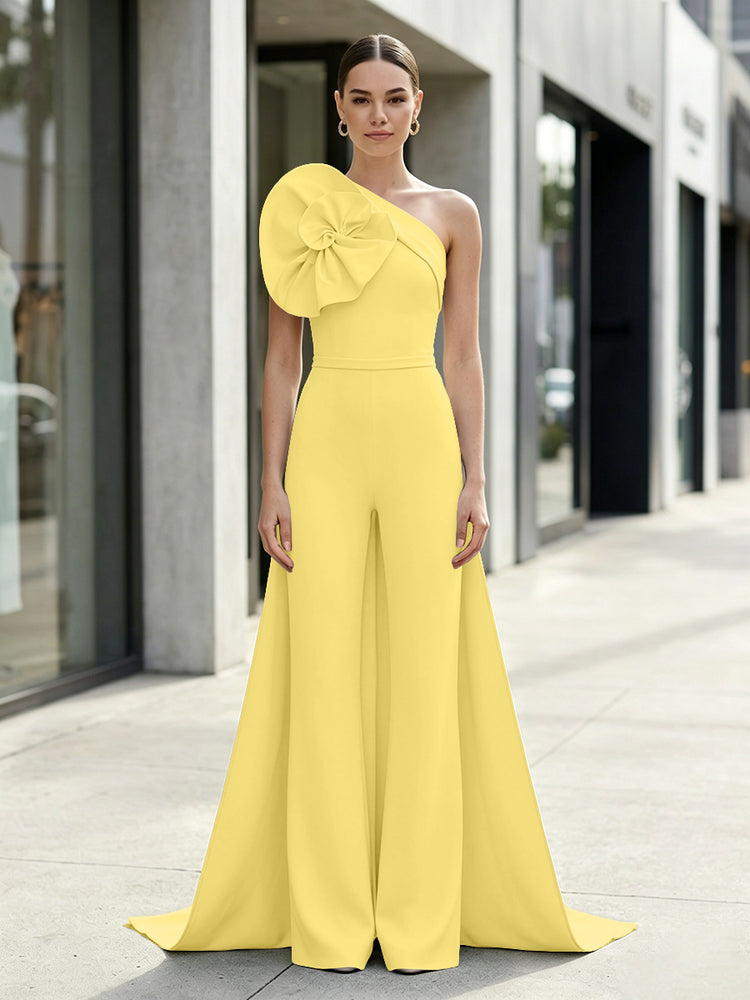 Satin Jumpsuit One Shoulder Long Evening Dresses with 3D Flowers