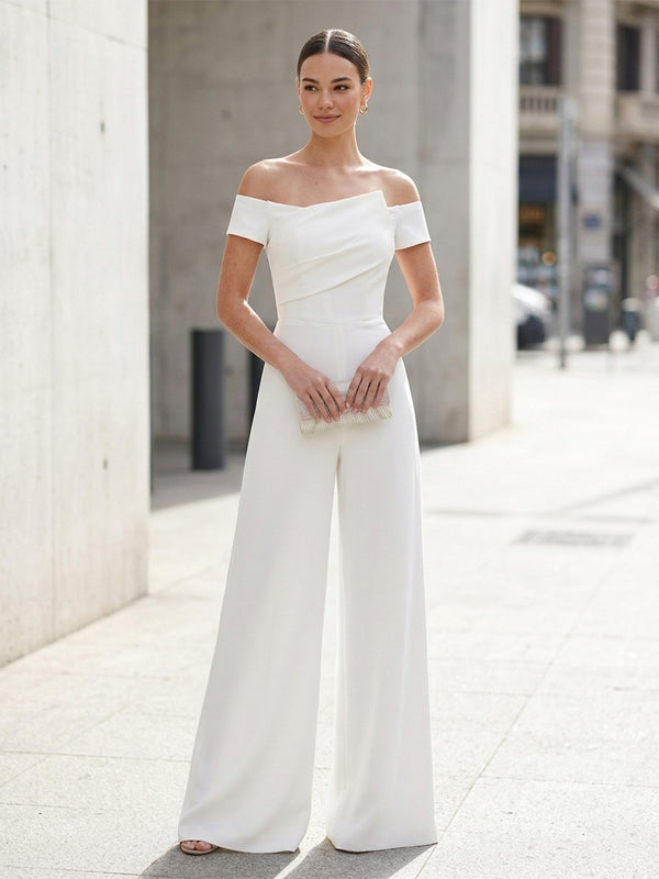Satin Jumpsuit Off the Shoulder Long Ruched Evening Dresses