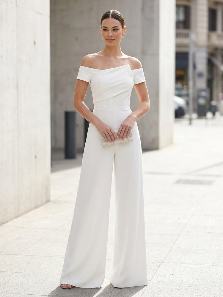 Satin Jumpsuit Off the Shoulder Long Ruched Evening Dresses