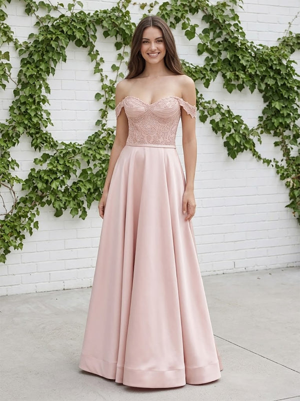 Satin A-Line Off the Shoulder Long Evening Dresses with Lace Applique