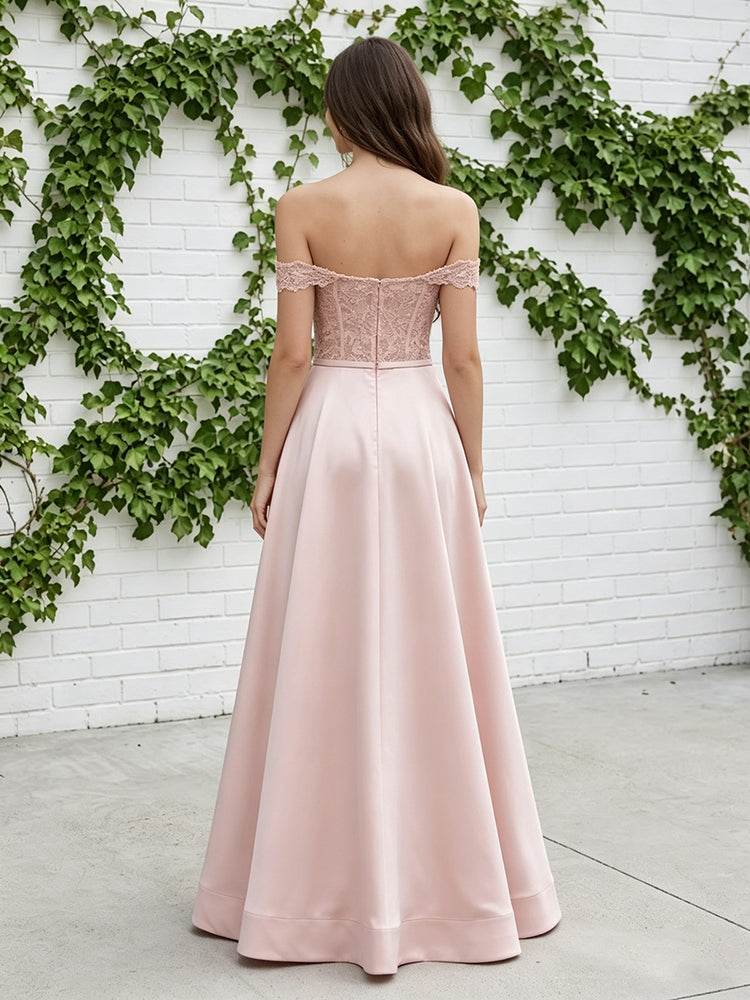 Satin A-Line Off the Shoulder Long Evening Dresses with Lace Applique