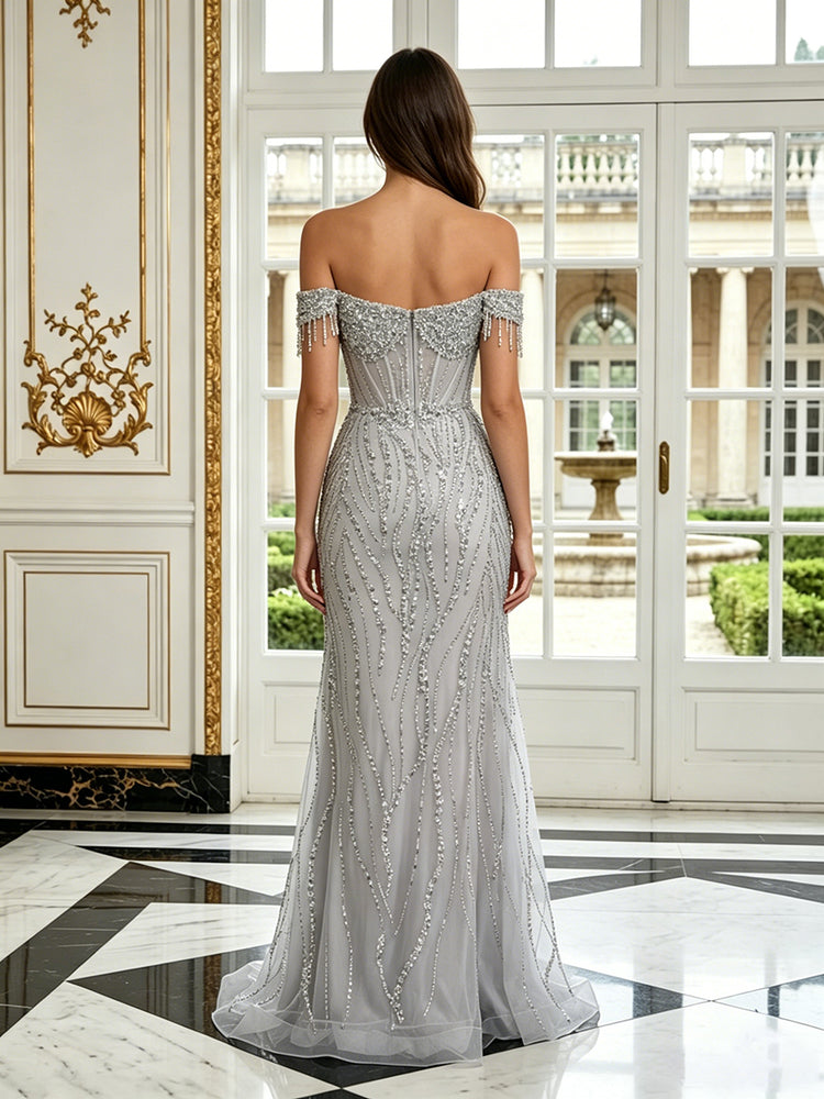 Tulle Mermaid Off the Shoulder Long Evening Dresses with Rhinestone