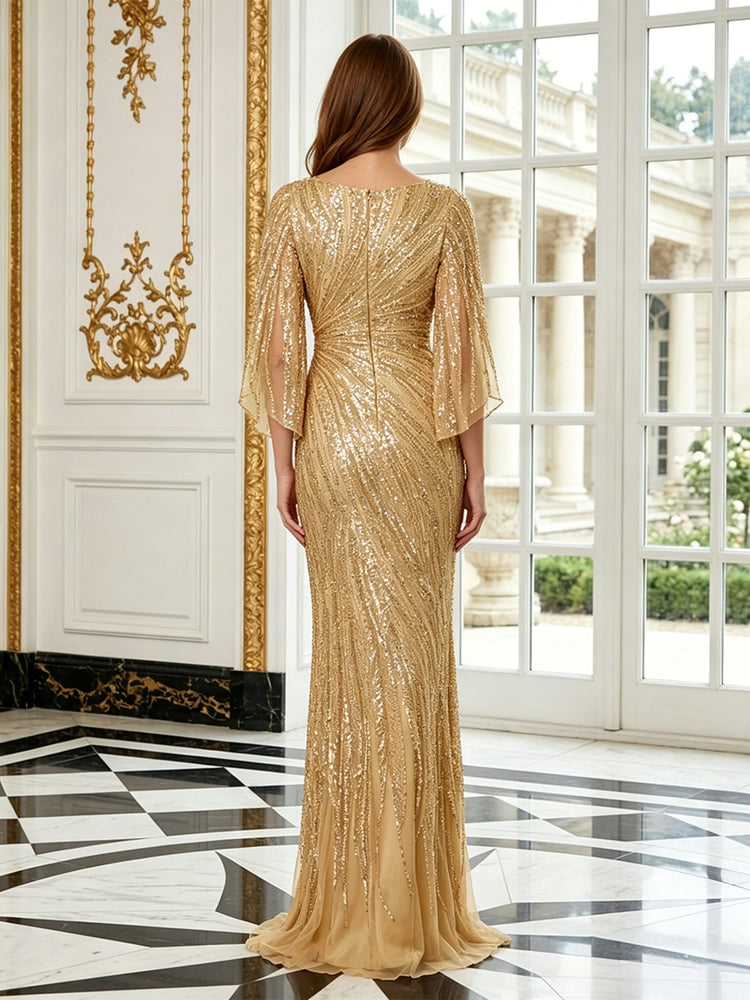 Tulle Sheath Scoop Neck Long Evening Dresses with Sequin