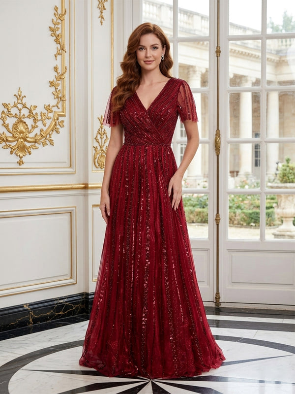 Tulle A-Line V Neck Long Evening Dresses with Pleats
