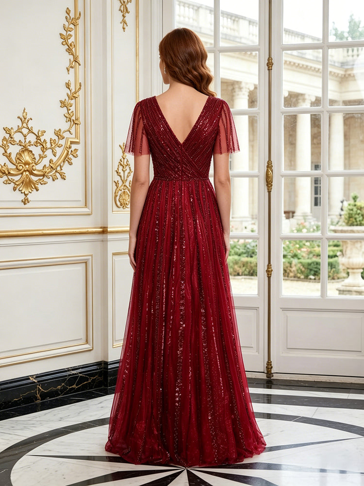 Tulle A-Line V Neck Long Evening Dresses with Pleats