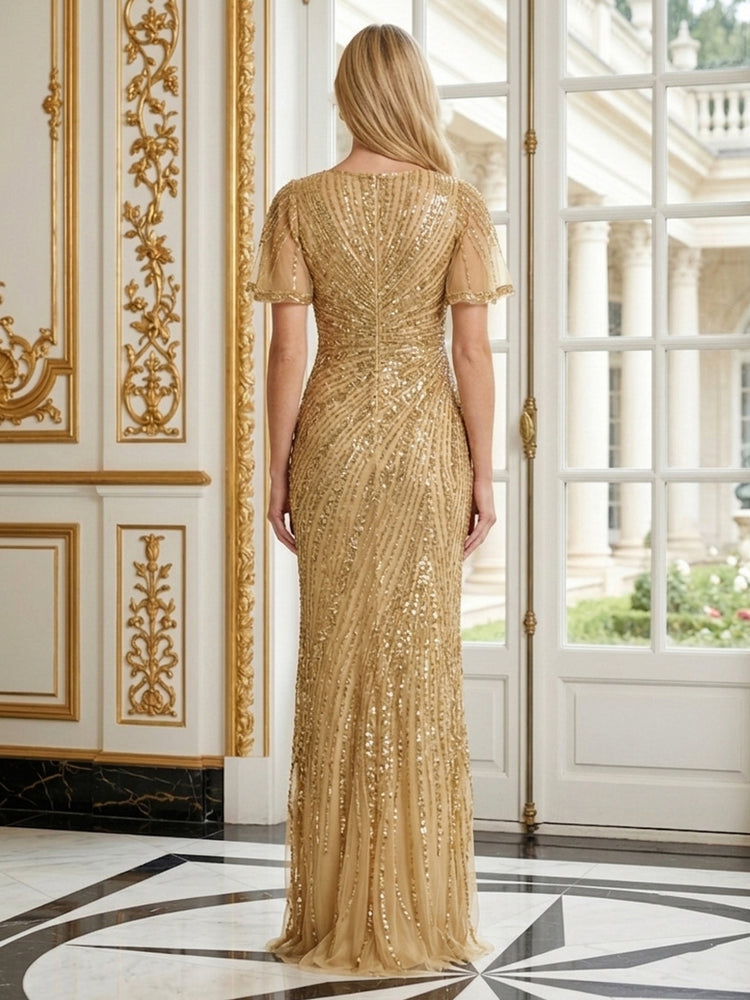 Tulle Sheath Scoop Neck Long Evening Dresses with Sequin