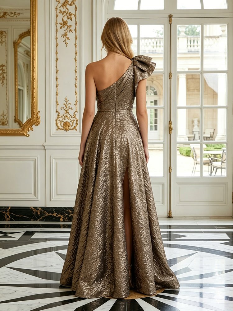 Jacquard A-Line One Shoulder Long Evening Dresses with Split Side