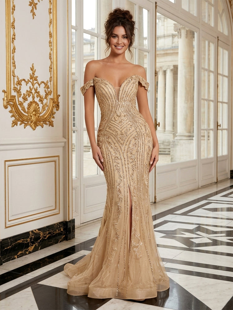 Tulle Mermaid Off the Shoulder Long Evening Dresses with Front Slit