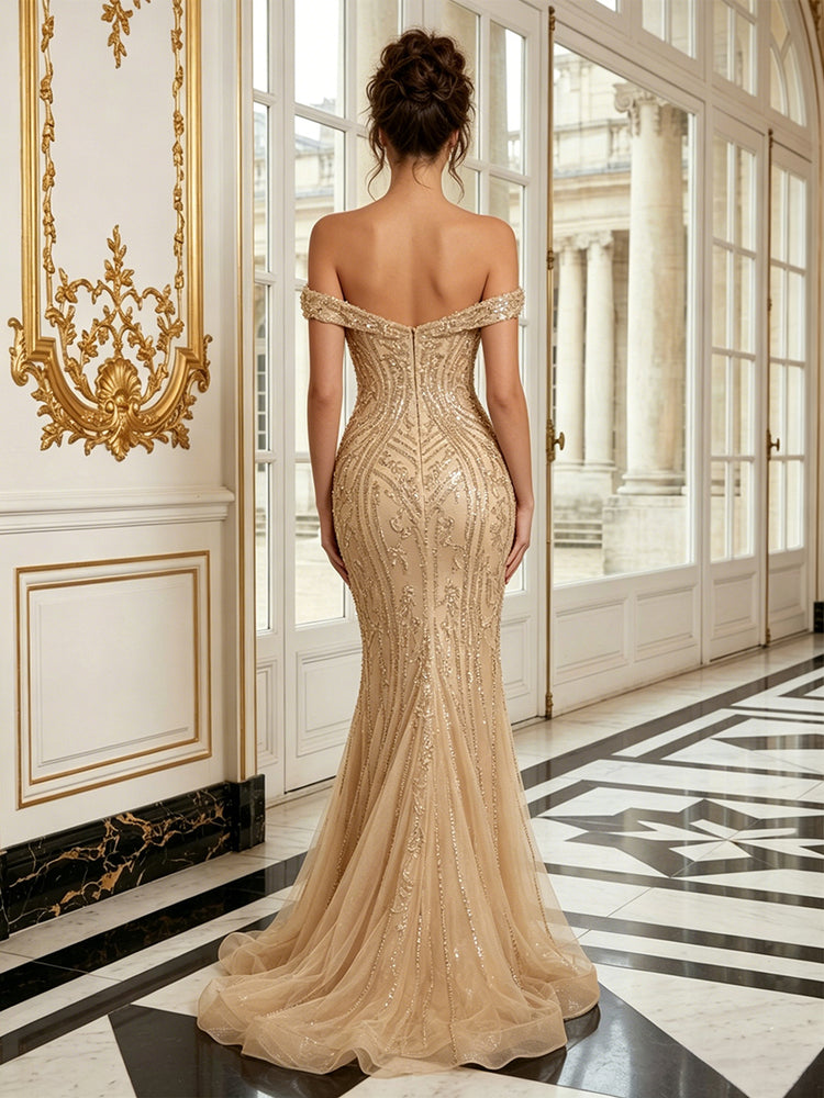 Tulle Mermaid Off the Shoulder Long Evening Dresses with Front Slit