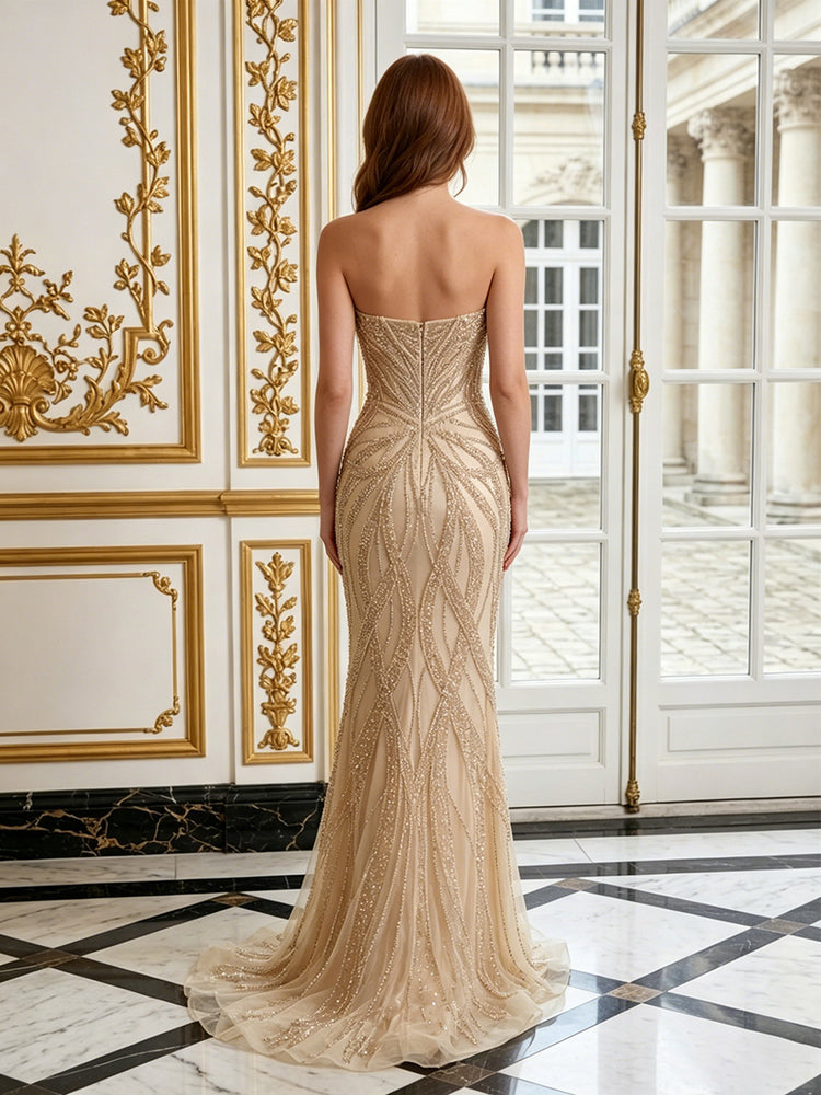 Tulle Mermaid Sweetheart Long Evening Dresses with Beadings