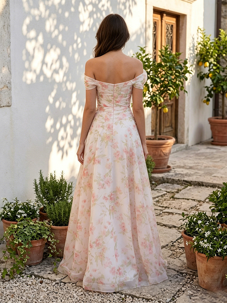 Chiffon Floral A-Line Off the Shoulder Long Evening Dresses with 3D Flowers