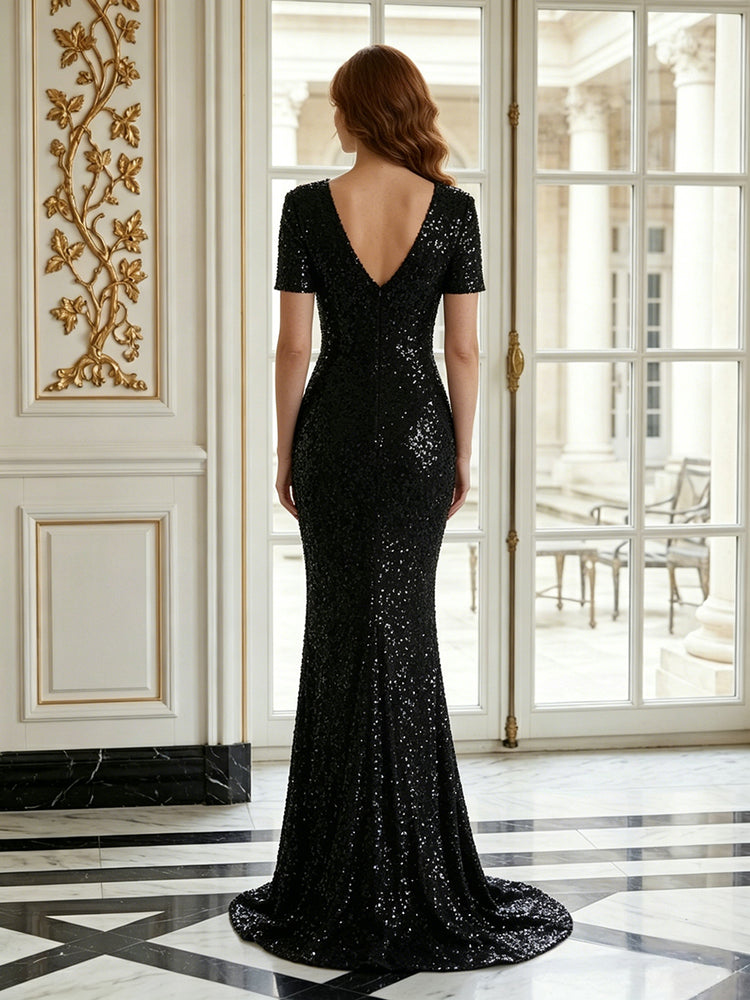 Sequin Mermaid V Neck Short Sleeveless Long Evening Dresses