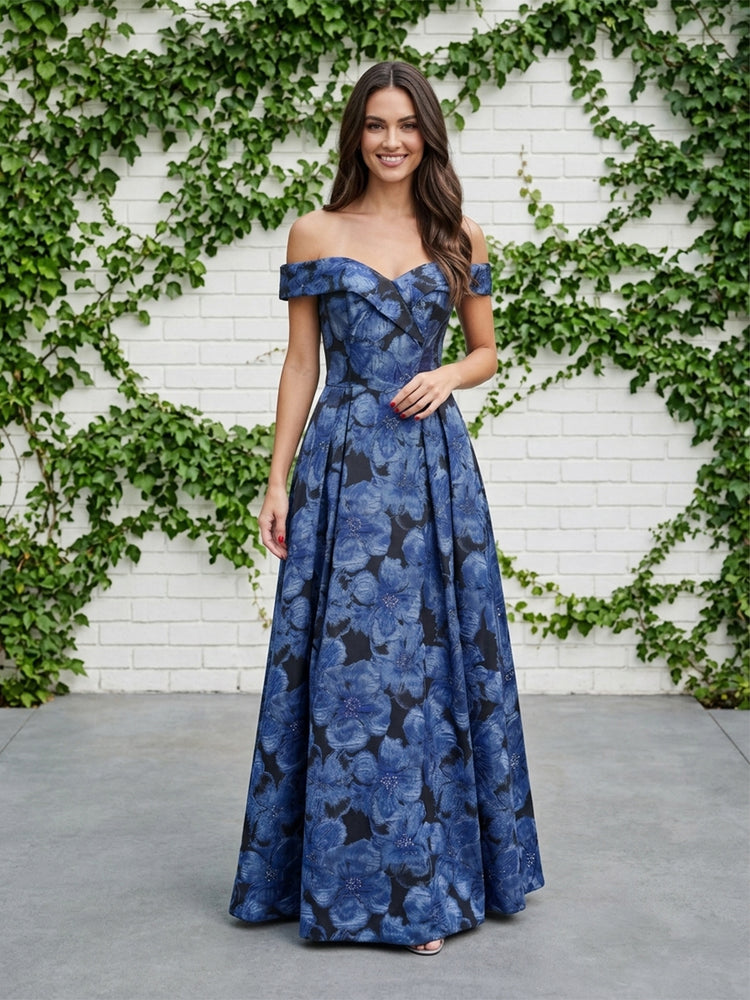 Jacquard A-Line Off the Shoulder Long Evening Dresses with Beadings
