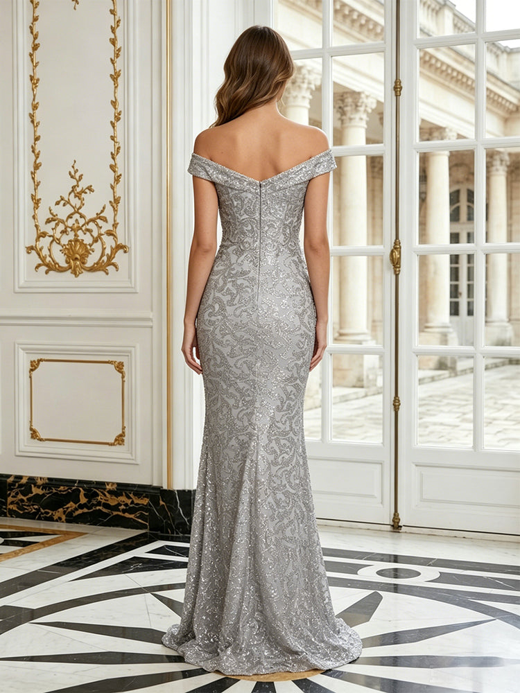 Tulle Mermaid Off the Shoulder Long Evening Dresses with Sequin