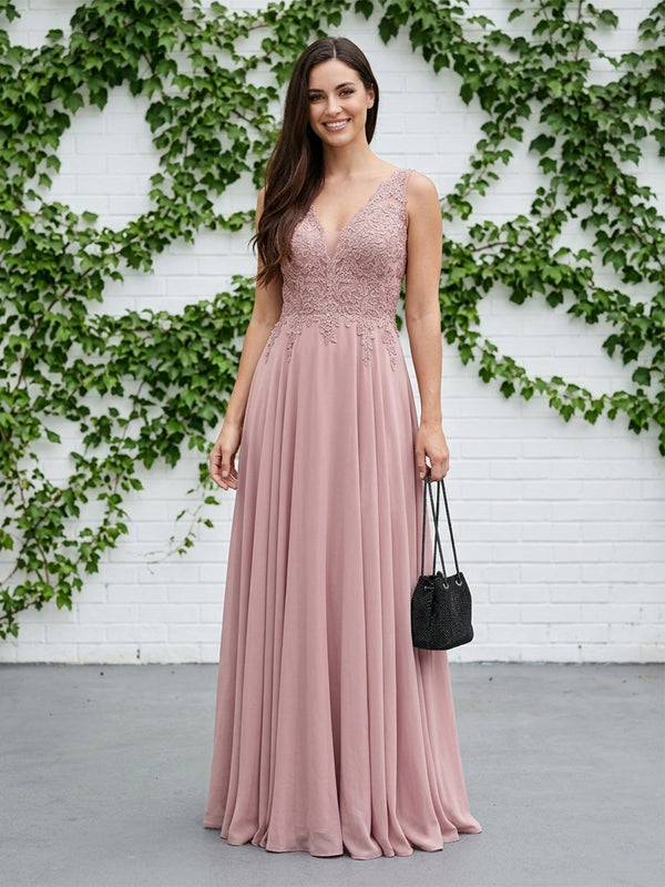 Satin Chiffon A-Line V Neck Long Evening Dresses with Lace Applique