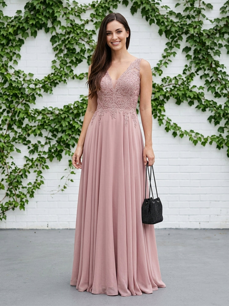 Satin Chiffon A-Line V Neck Long Evening Dresses with Lace Applique