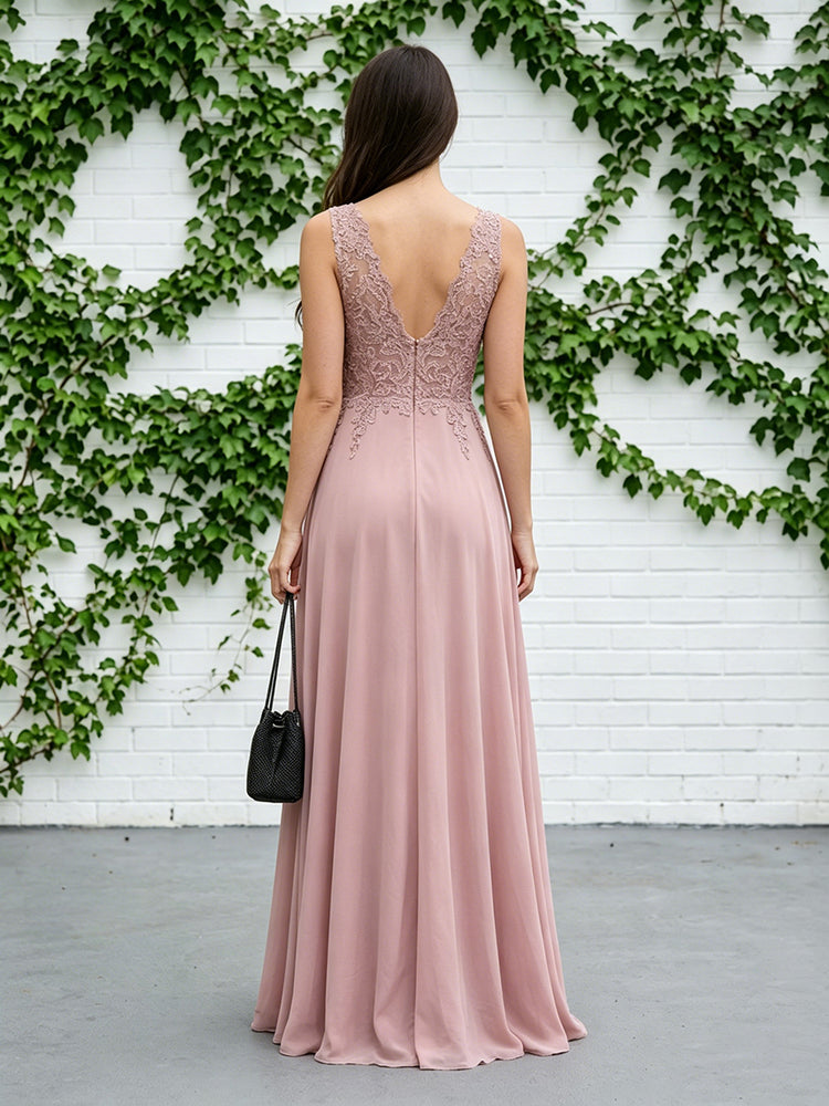 Satin Chiffon A-Line V Neck Long Evening Dresses with Lace Applique