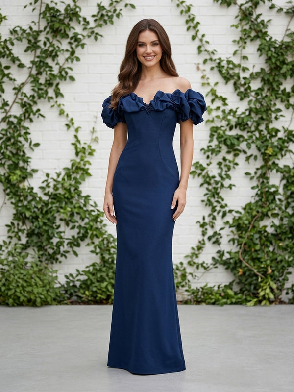 Satin Mermaid Off the Shoulder Long Evening Dresses with Ruffles