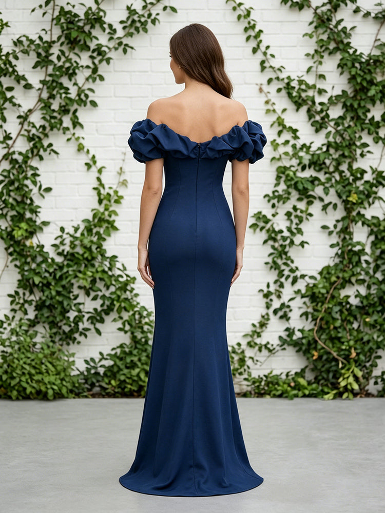 Satin Mermaid Off the Shoulder Long Evening Dresses with Ruffles