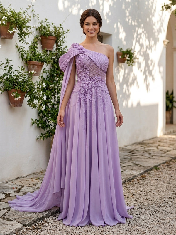 Chiffon A-Line One Shoulder Long Evening Dresses with 3D Flowers