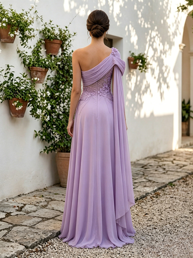 Chiffon A-Line One Shoulder Long Evening Dresses with 3D Flowers