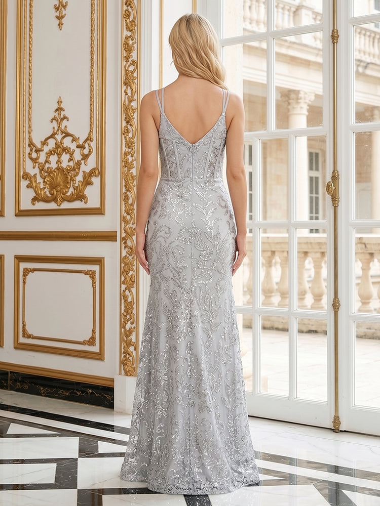 Tulle Mermaid Spaghetti Straps Long Evening Dresses with Sequin