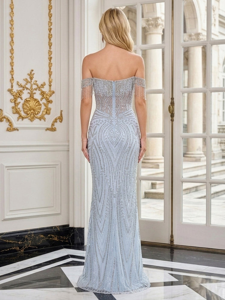 Sequin Mermaid Off the Shoulder Long Evening Dresses with Rhinestone