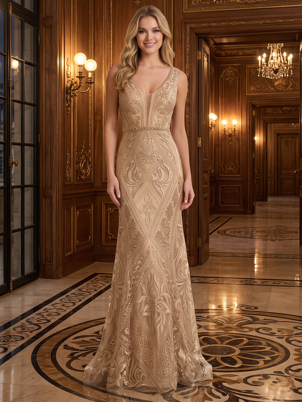Mesh Mermaid V Neck Long Evening Dresses with Floral Embroidery