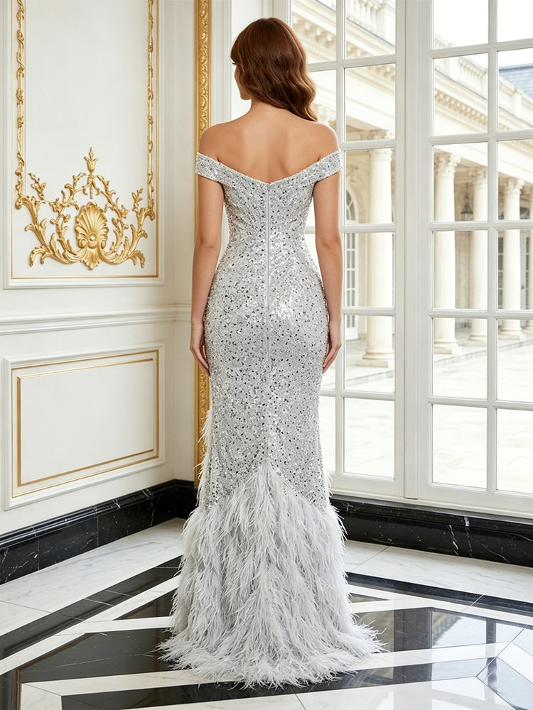 Sequin Mermaid Off the Shoulder Long Evening Dresses with Feather