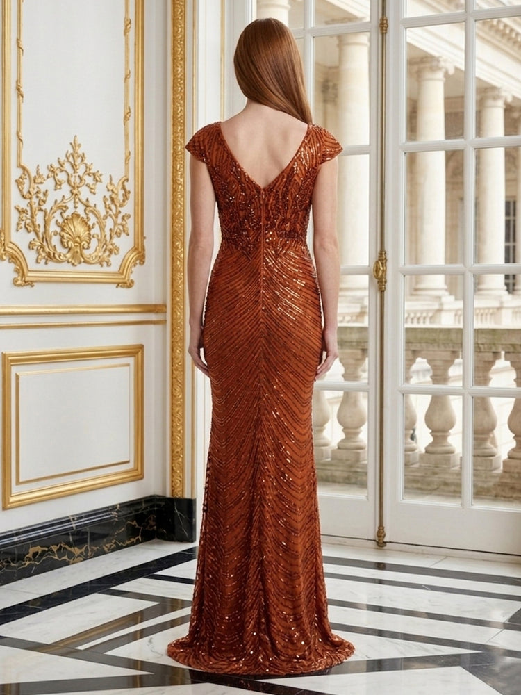 Sequin Mermaid V Neck Long Evening Dresses with Applique